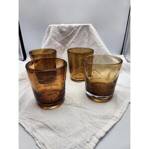 4 Home Studio Woodland Amber 'Old Log Cabin' Etched Glass Tumbler Highball SetI3